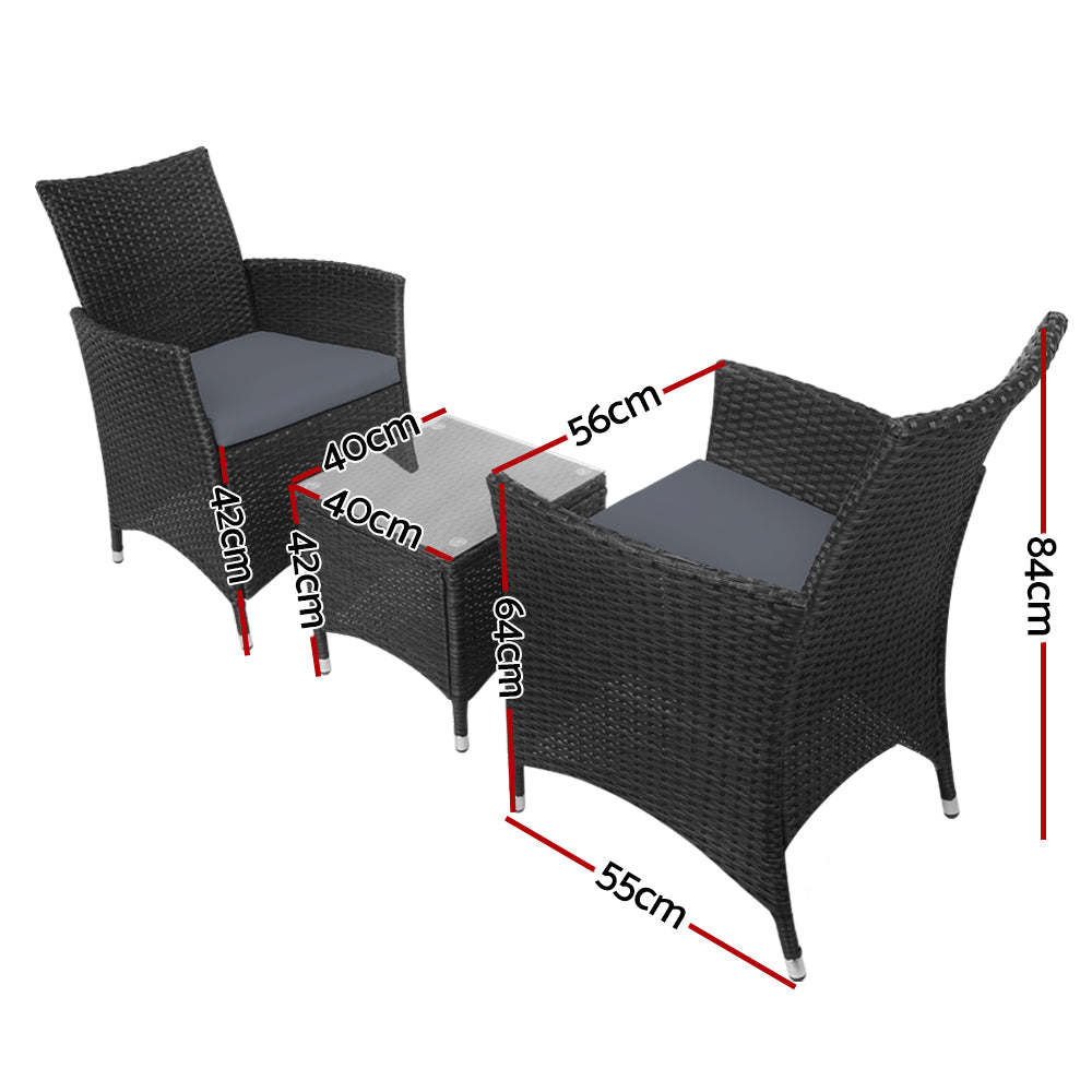 3pc Bistro Wicker Outdoor Furniture Set Black