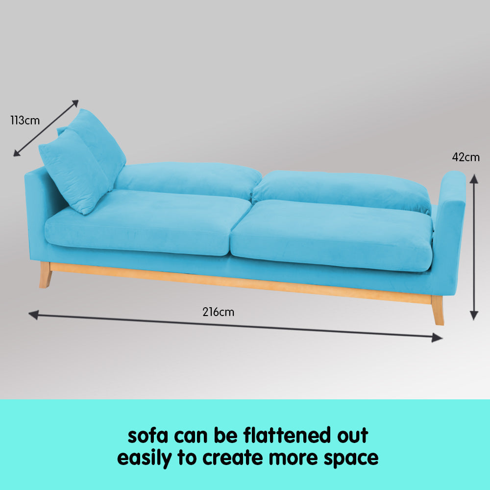 Sarantino 3-Seater Faux Velvet Wooden Sofa Bed Couch Furniture - Blue